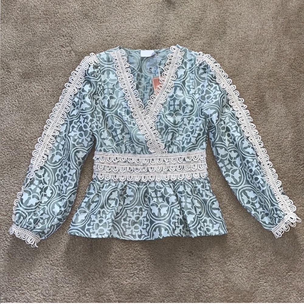 Champagne & Strawberries Green & White Lace Top